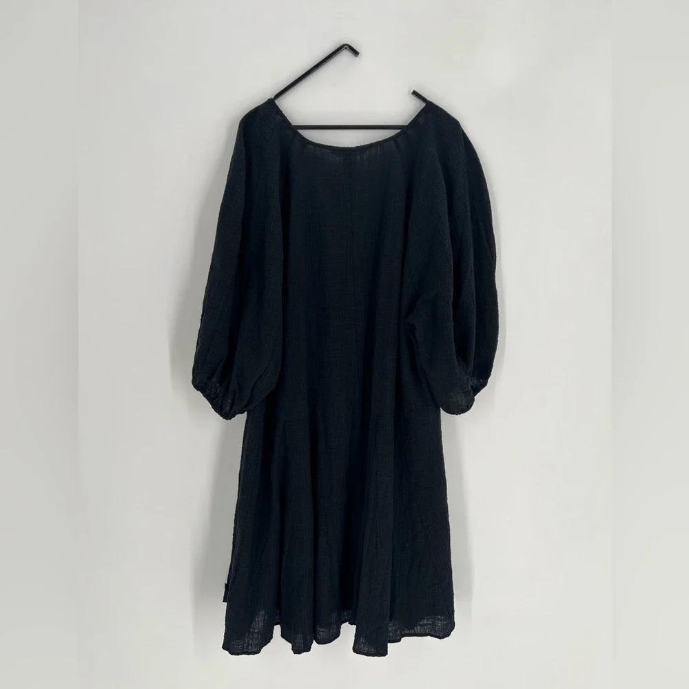 H&M Black Woven V Neck Balloon Sleeve Flared Skirt Mini Dress - Picture 7 of 8